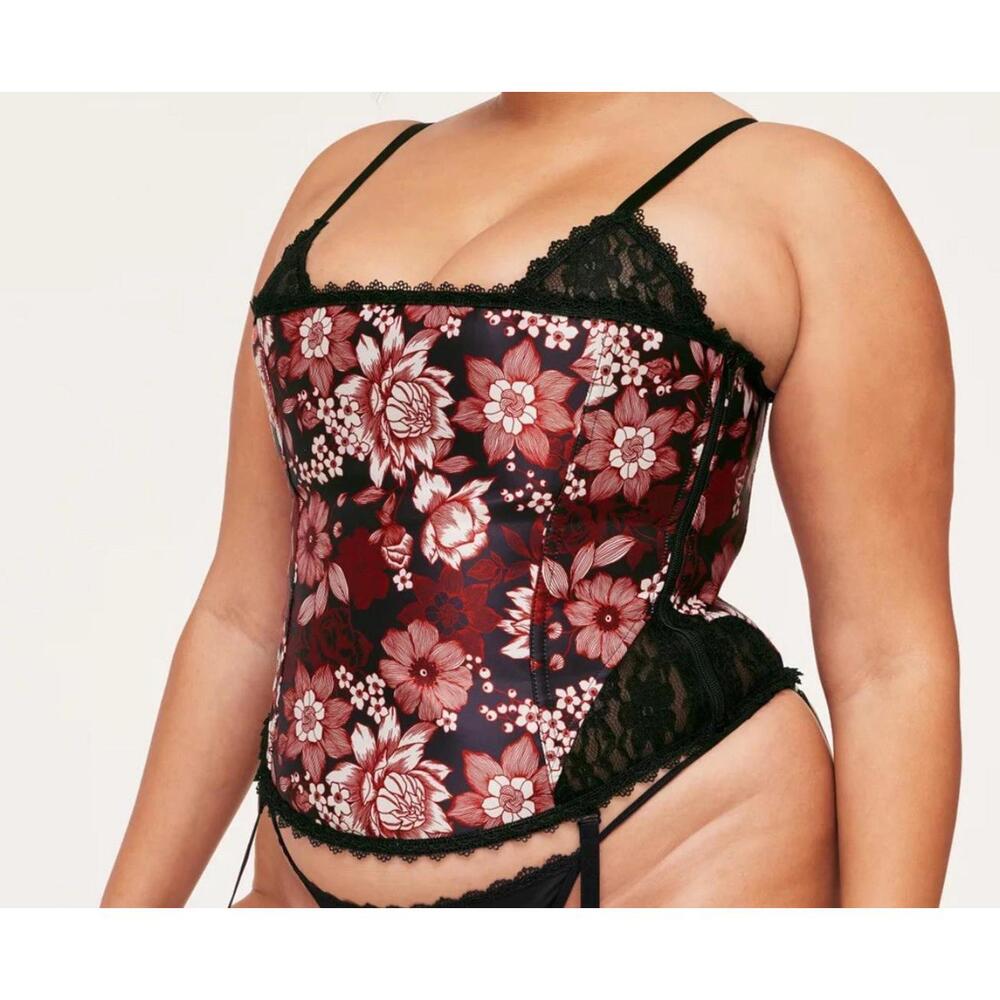 NEW Adore Me Corset Womens L Red Black Floral Satin Lace Zoie Lace Up Side Zip